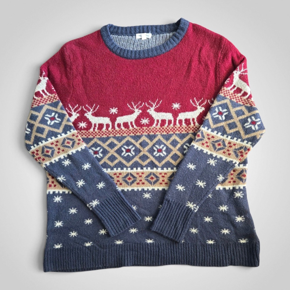 Reindeer Snowflake Holiday Knit Sweater Crew Neck Red Navy Blue 1X